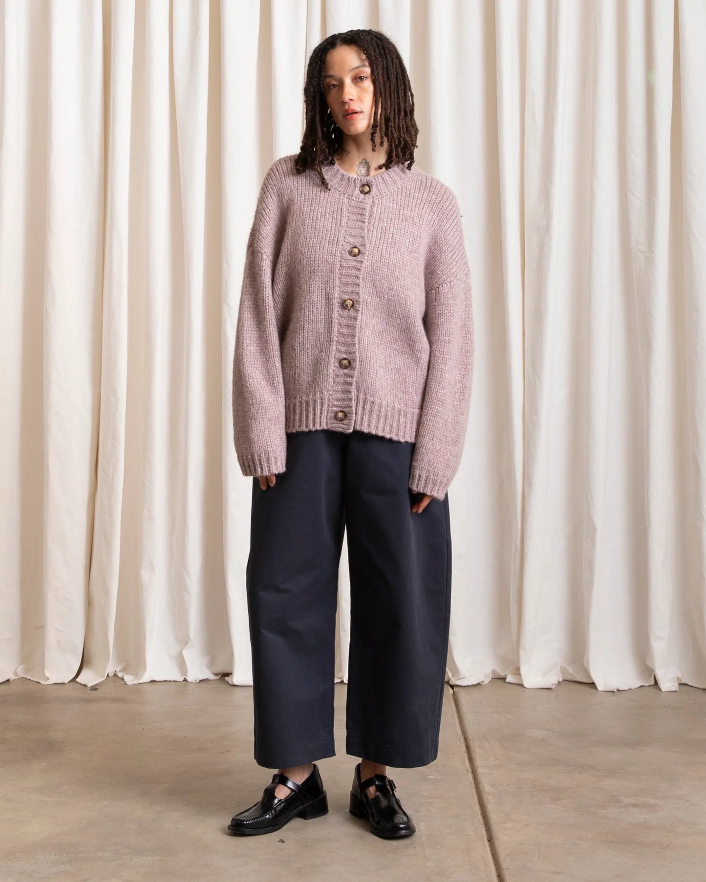 Ali Golden | Merino Crew Neck Cardigan - Muted Lilac