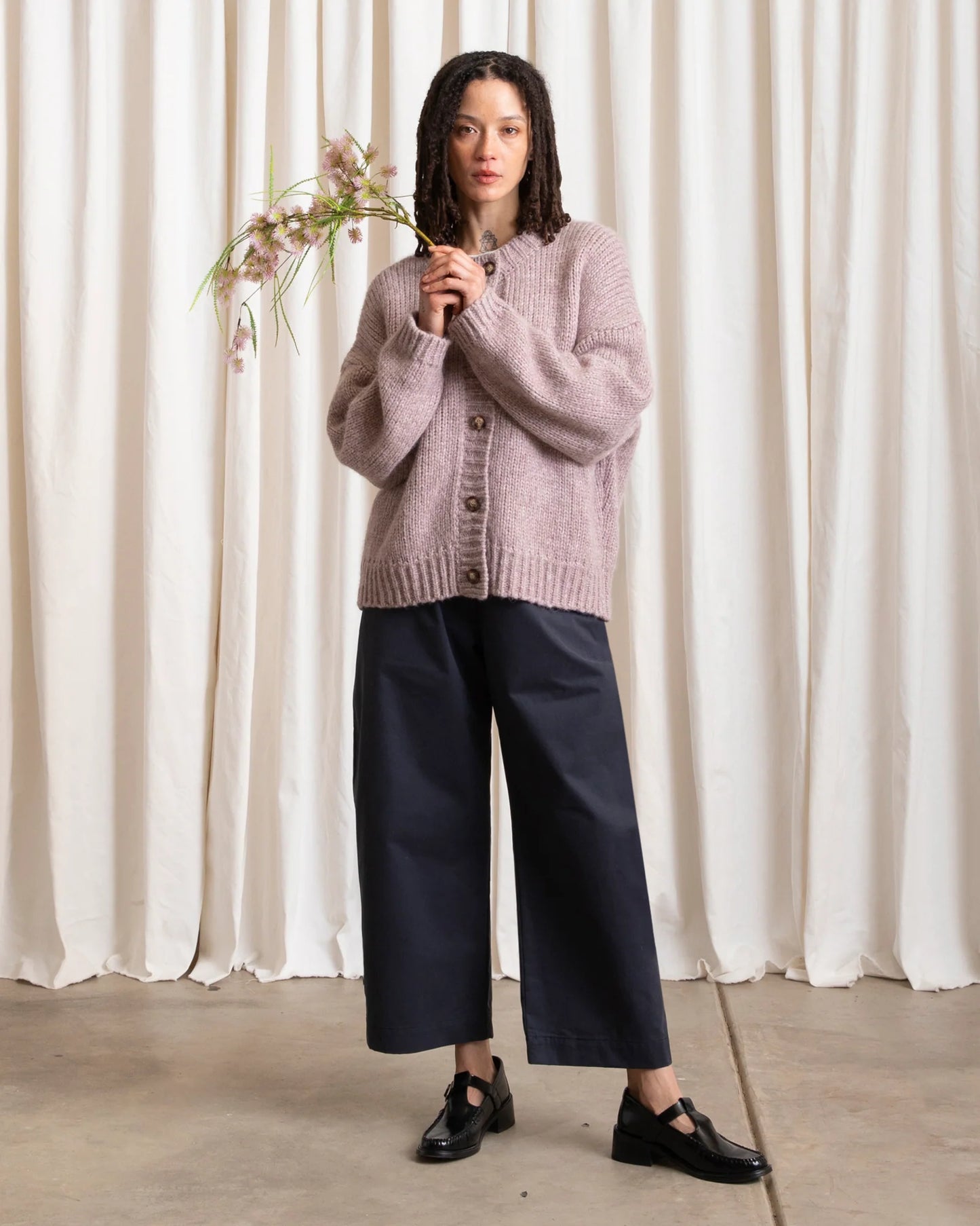 Ali Golden | Merino Crew Neck Cardigan - Muted Lilac