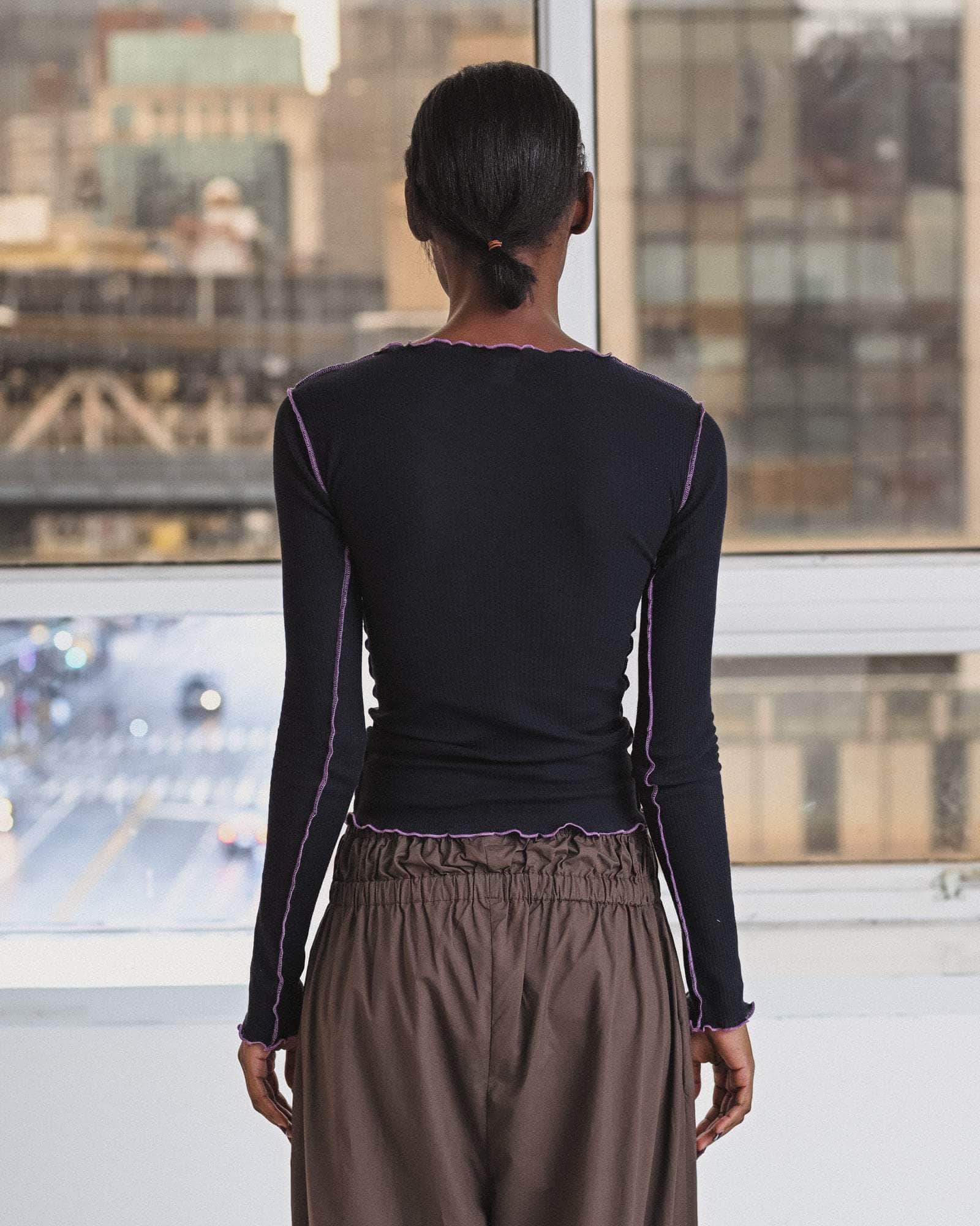 Baserange | Vein Longsleeve Tee - Fine Organic Cotton Rib - Navy/ Purple