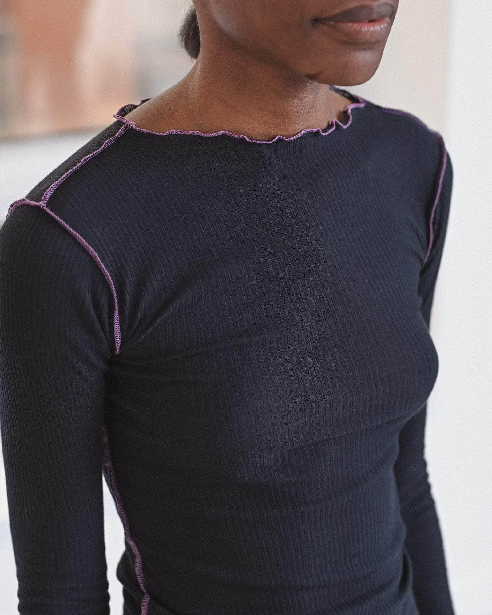 Baserange | Vein Longsleeve Tee - Fine Organic Cotton Rib - Navy/ Purple