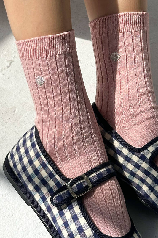 Le Bon Shoppe | Embroidered Her Socks - Pink Rose + Silver Seashell