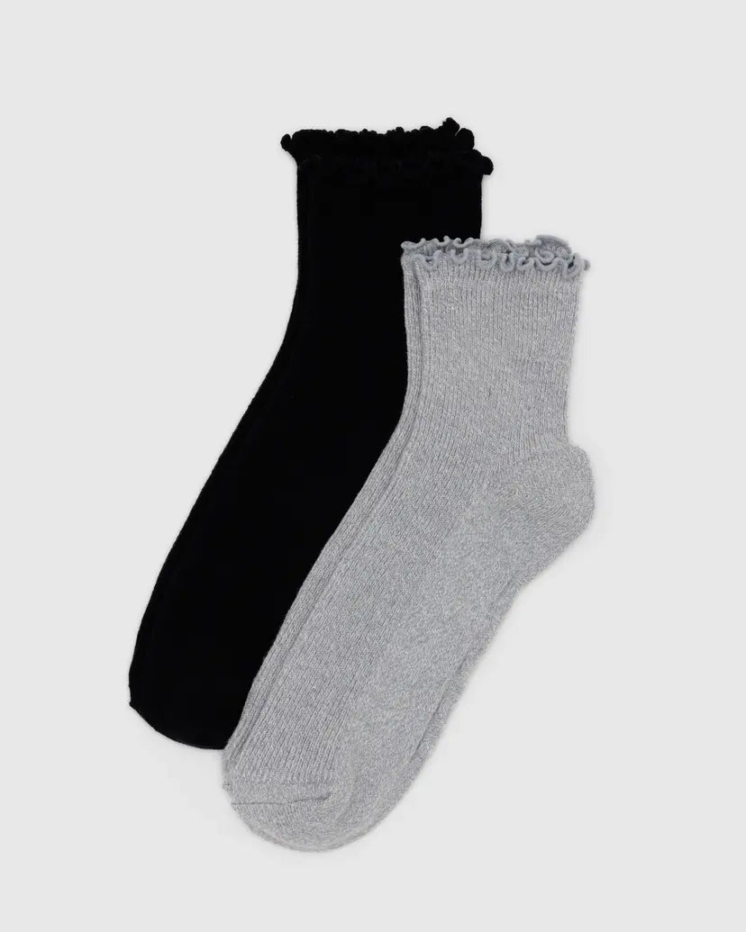 Baggu | Lettuce Edge Socks (Set of 2) - Heather Grey & Black