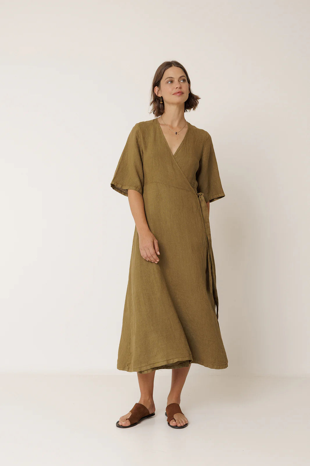 Indi + Cold | Crossover Linen Dress - Khaki