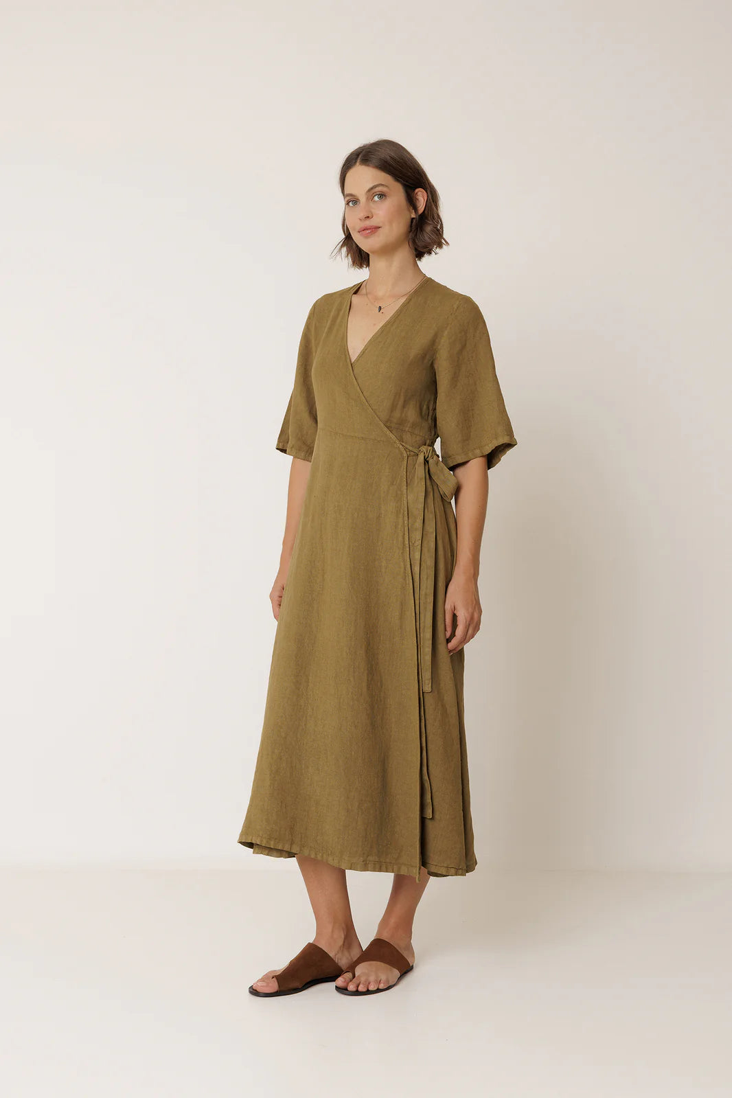 Indi + Cold | Crossover Linen Dress - Khaki