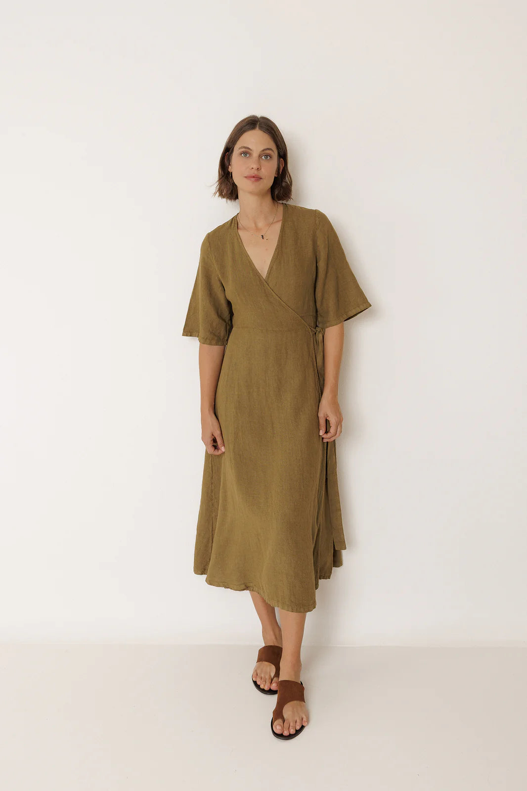 Indi + Cold | Crossover Linen Dress - Khaki