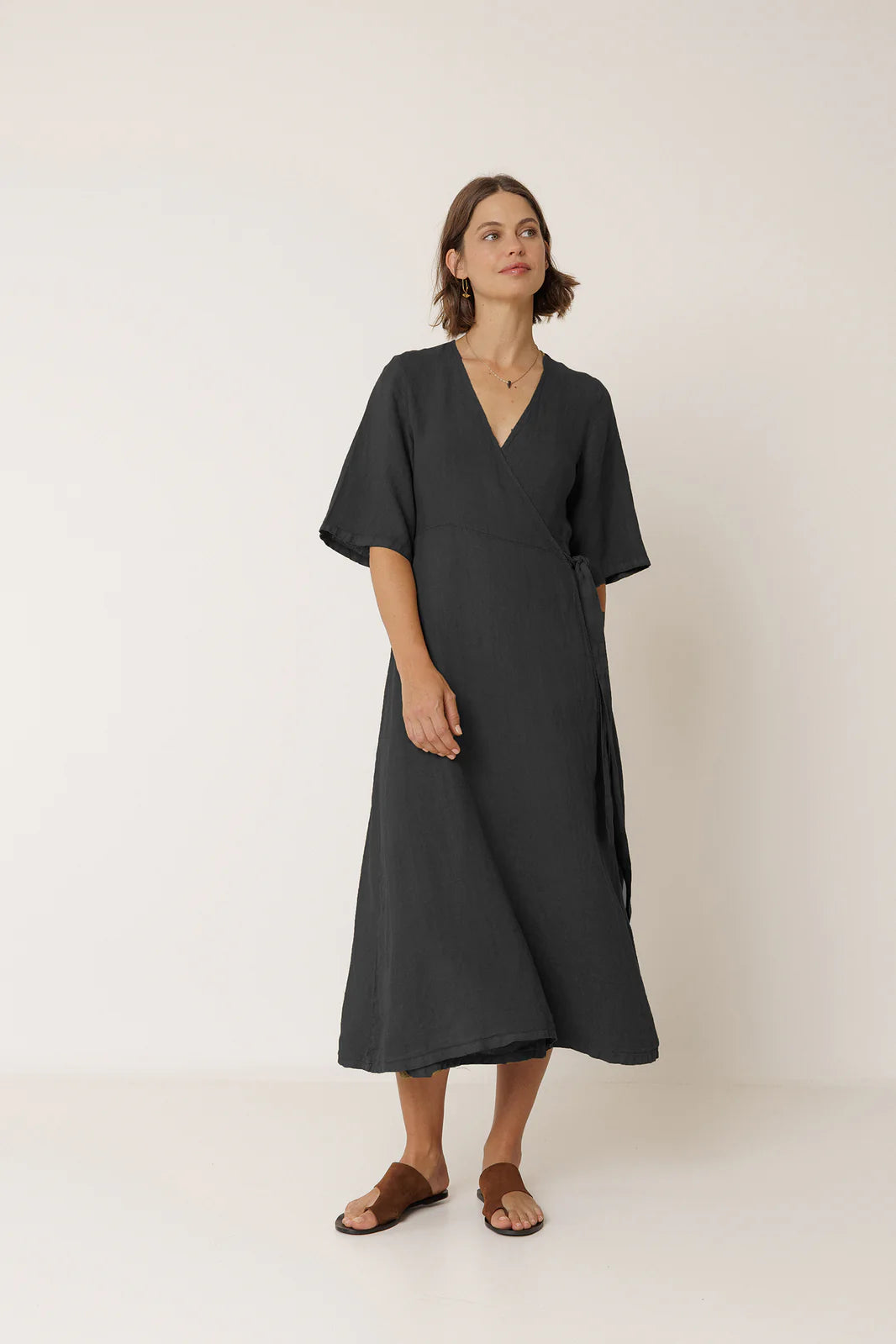 Indi + Cold | Crossover Linen Dress - Carbon
