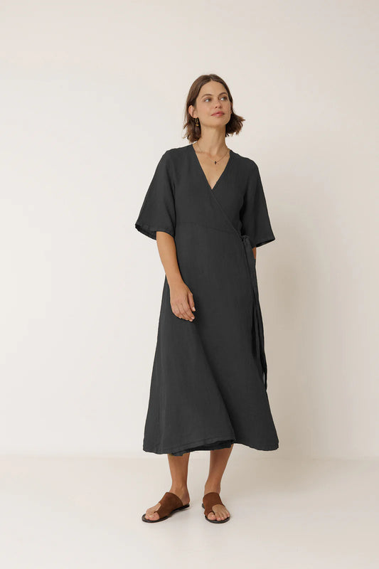 Indi + Cold | Crossover Linen Dress - Carbon